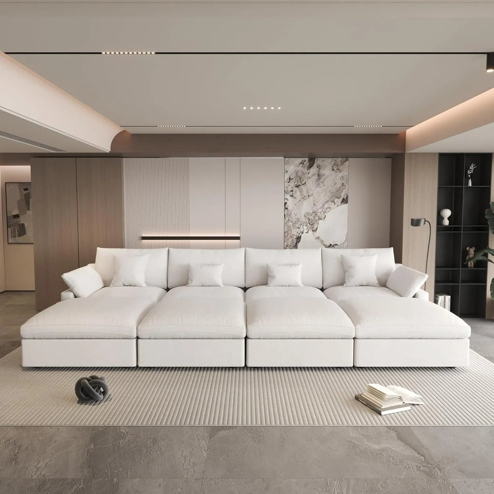 Deluxe Slope Cloud Sectional Sofas | Linen White Pit Sectionals 160" Adjustable Backrest Pillows 4-seaters