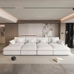 Deluxe Slope Cloud Sectional Sofas | Linen White Pit Sectionals 160" Adjustable Backrest Pillows 4-seaters
