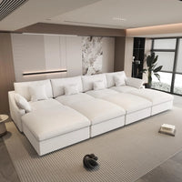 Deluxe Slope Cloud Sectional Sofas | Linen White Pit Sectionals 160" Adjustable Backrest Pillows 4-seaters