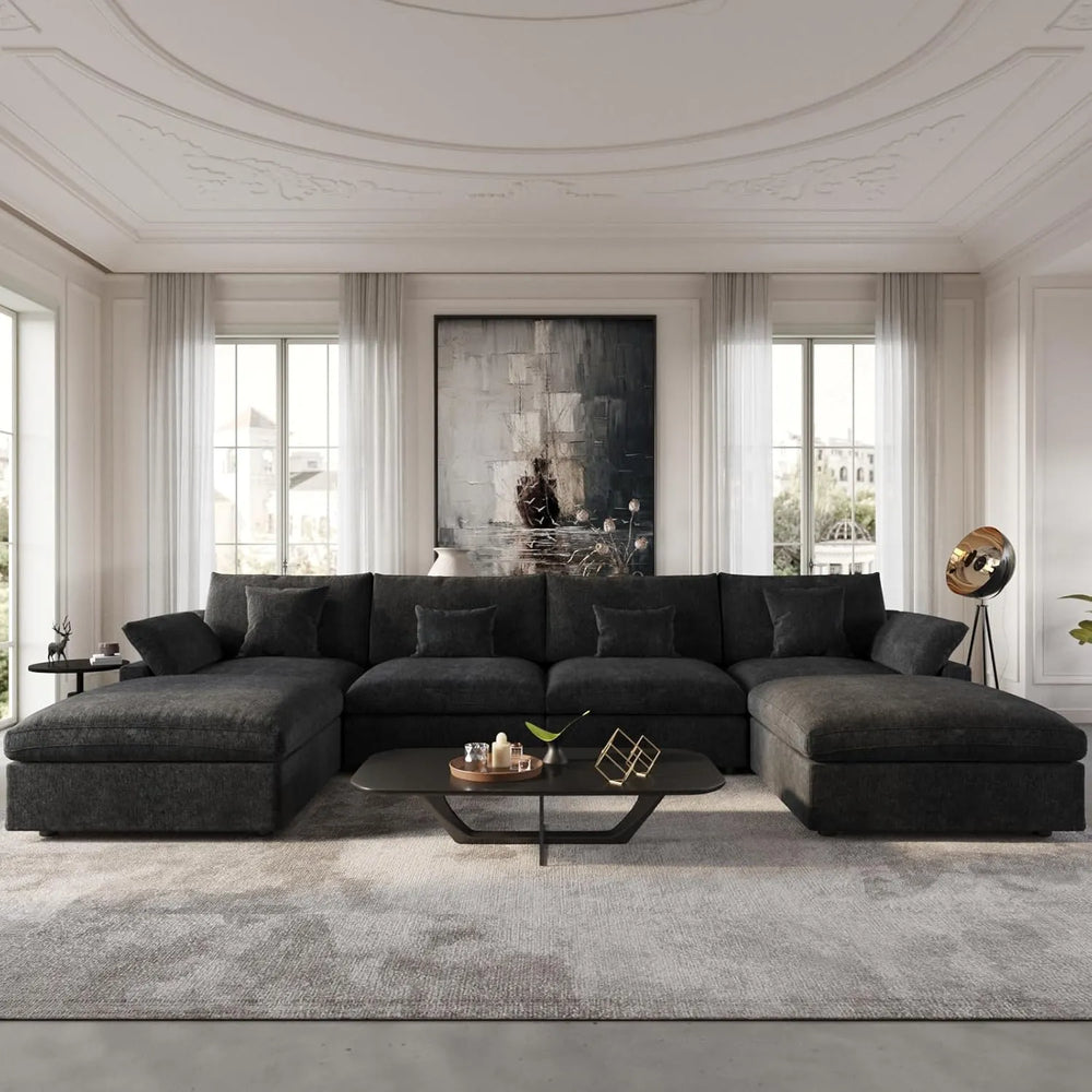 Deluxe Slope Cloud Sectional Sofas | Linen Black U-shaped Sectionals 160" Adjustable Backrest Pillows 4-seaters