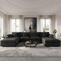 Deluxe Slope Cloud Sectional Sofas | Linen Black U-shaped Sectionals 160" Adjustable Backrest Pillows 4-seaters