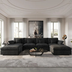 Deluxe Slope Cloud Sectional Sofas | Linen Black U-shaped Sectionals 160" Adjustable Backrest Pillows 4-seaters