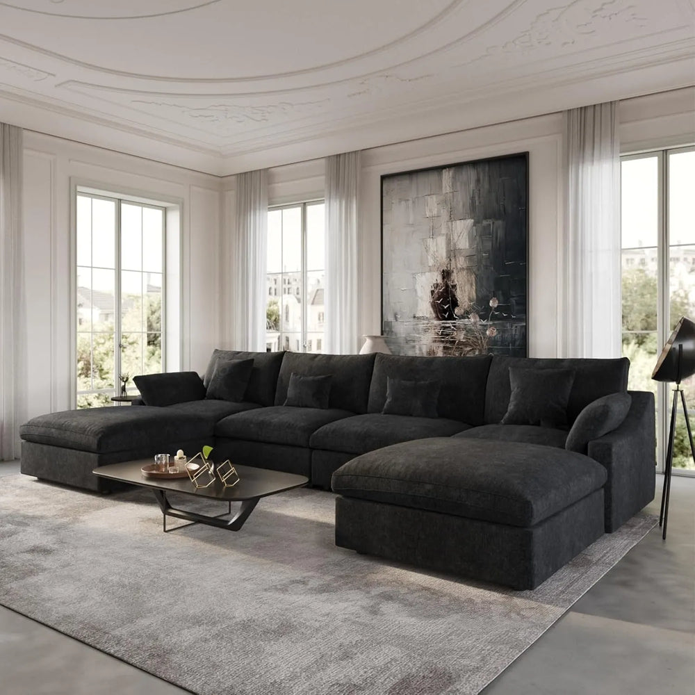 Deluxe Slope Cloud Sectional Sofas | Linen Black U-shaped Sectionals 160" Adjustable Backrest Pillows 4-seaters