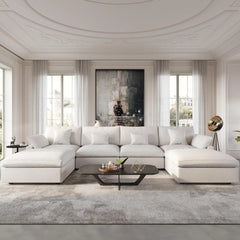 Deluxe Slope Cloud Sectional Sofas | Linen White U-shaped Sectionals 160" Adjustable Backrest Pillows 4-seaters