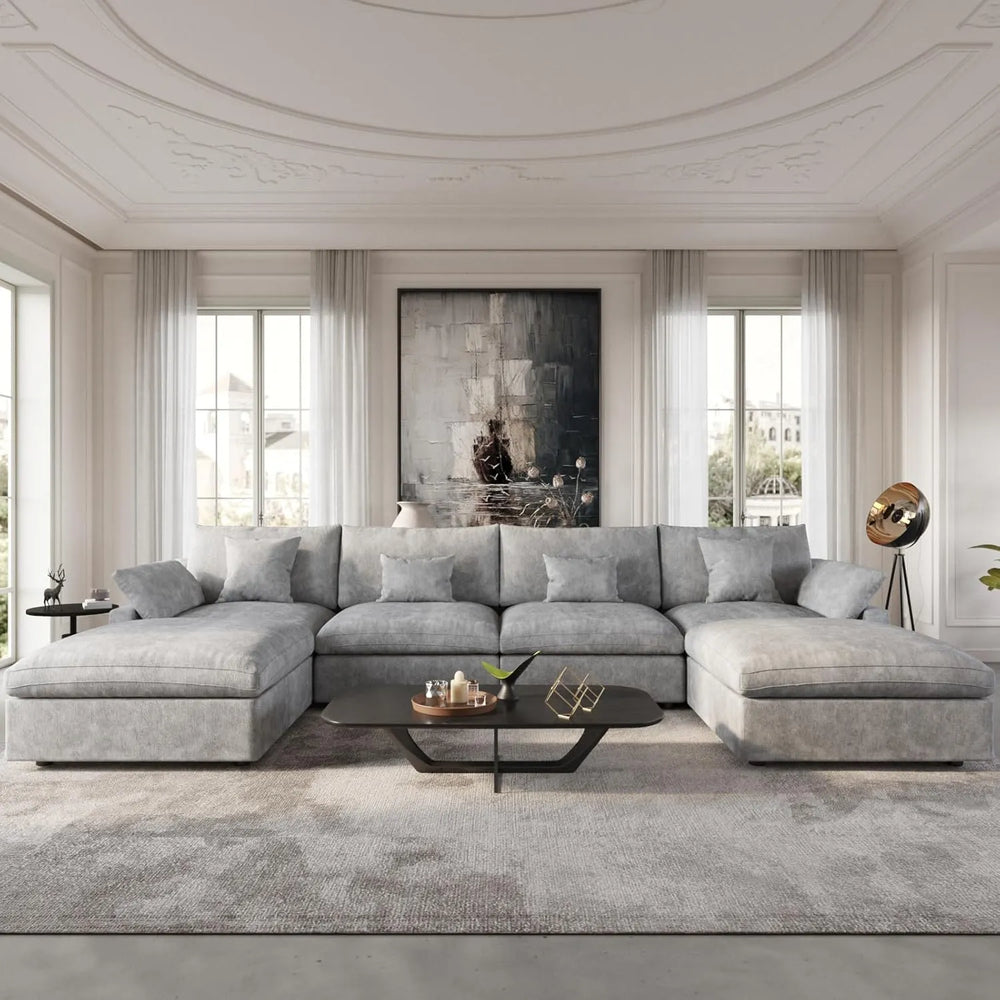 Deluxe Slope Cloud Sectional Sofas | Linen Light Grey U-shaped Sectionals 160" Adjustable Backrest Pillows 4-seaters