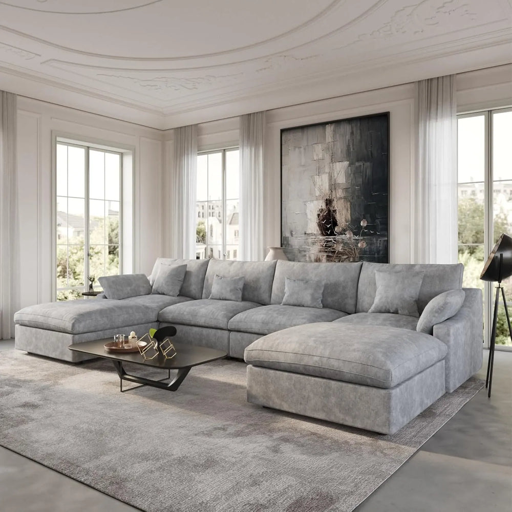 Deluxe Slope Cloud Sectional Sofas | Linen Light Grey U-shaped Sectionals 160" Adjustable Backrest Pillows 4-seaters