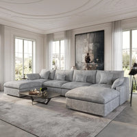Deluxe Slope Cloud Sectional Sofas | Linen Light Grey U-shaped Sectionals 160" Adjustable Backrest Pillows 4-seaters