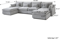 Deluxe Slope Cloud Sectional Sofas | Linen Light Grey U-shaped Sectionals 160" Adjustable Backrest Pillows 4-seaters