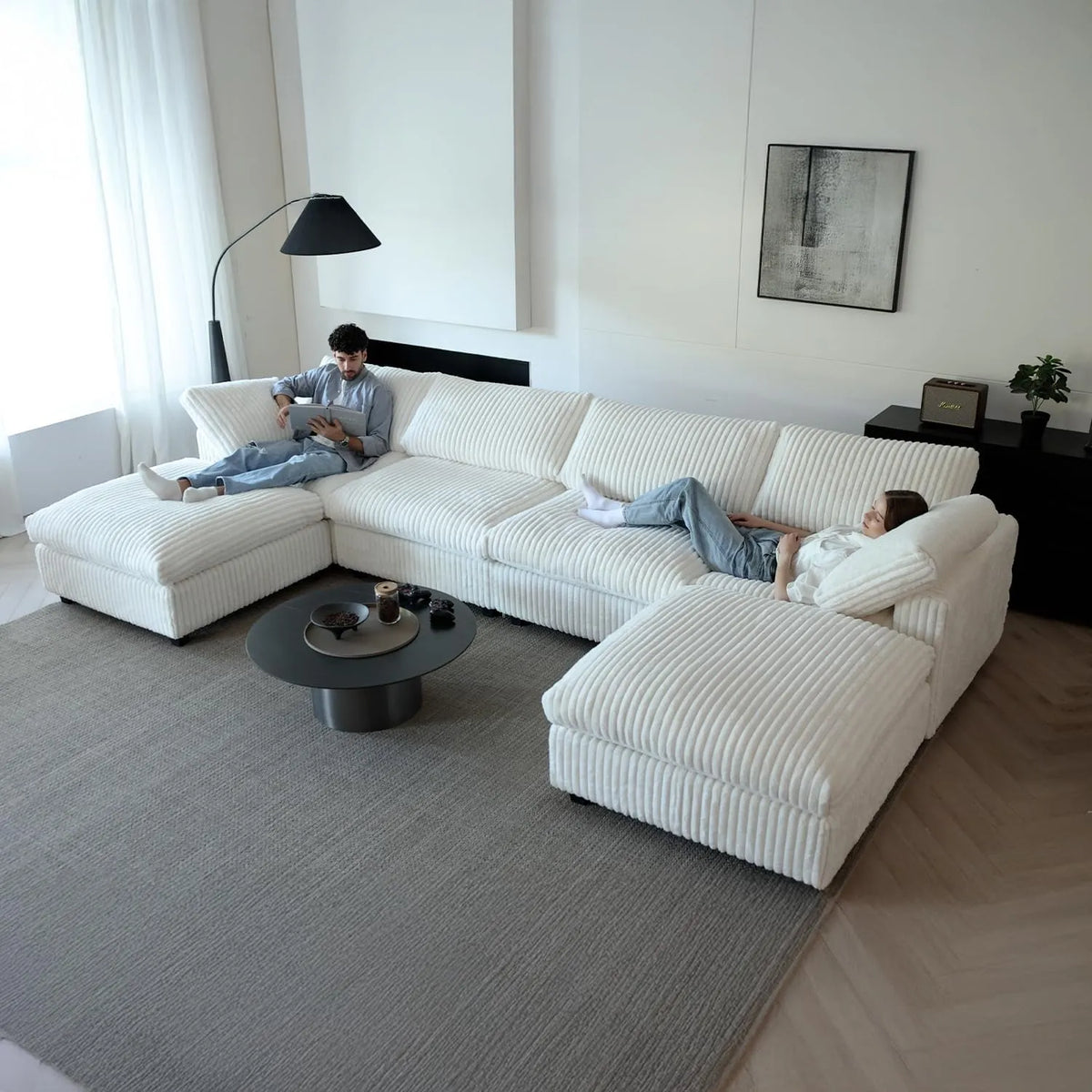 Deluxe Cloud 4-Seater Beige Washable U-Shaped Sectional | 6-Piece (includes 2 Ottomans), Plush Fabric, Modular Design