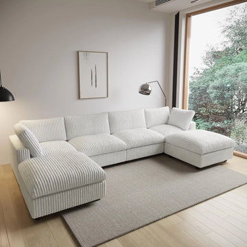 Deluxe Cloud 4-Seater Beige Washable U-Shaped Sectional | 6-Piece (includes 2 Ottomans), Plush Fabric, Modular Design