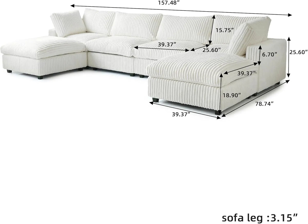 Deluxe Cloud 4-Seater Beige Washable U-Shaped Sectional | 6-Piece (includes 2 Ottomans), Plush Fabric, Modular Design