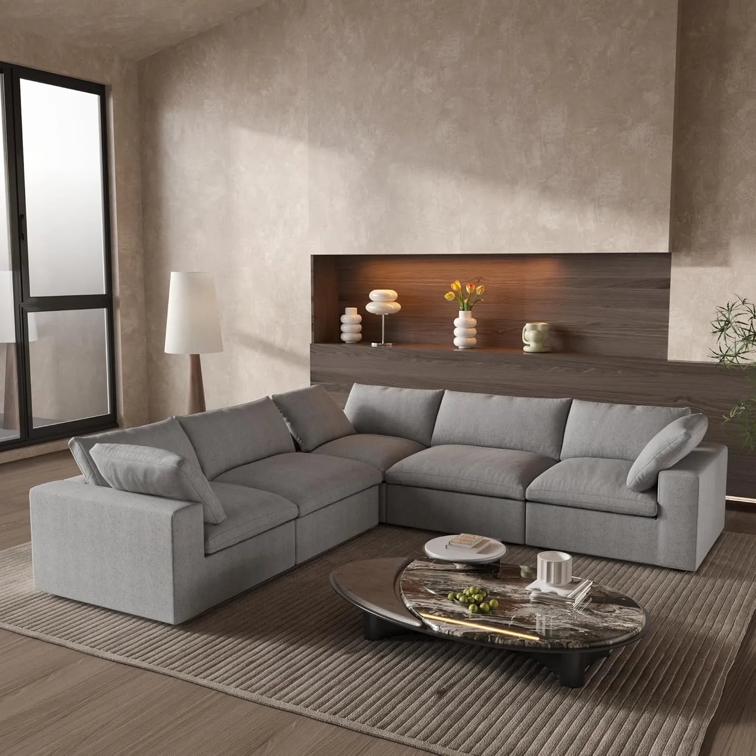 Sofá modular Deluxe Cloud de 5 plazas, color gris claro, lavable, en forma de V | 5 piezas, tela de algodón y lino, diseño modular