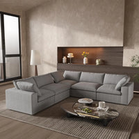 Deluxe Premium Cloud Sectional Sofas | Cotton and Linen Light Grey V-shaped Sectionals 160" Removable & Washable Covers 5-seaters