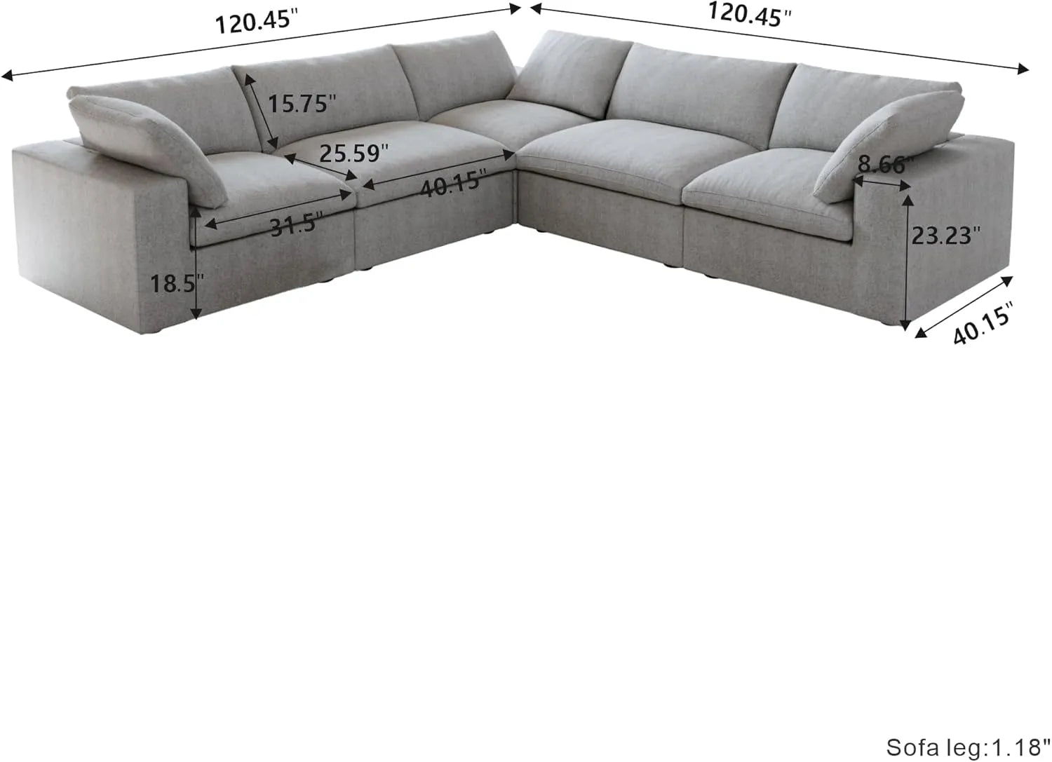Deluxe Premium Cloud Sectional Sofas | Cotton and Linen Light Grey V-shaped Sectionals 160" Removable & Washable Covers 5-seaters