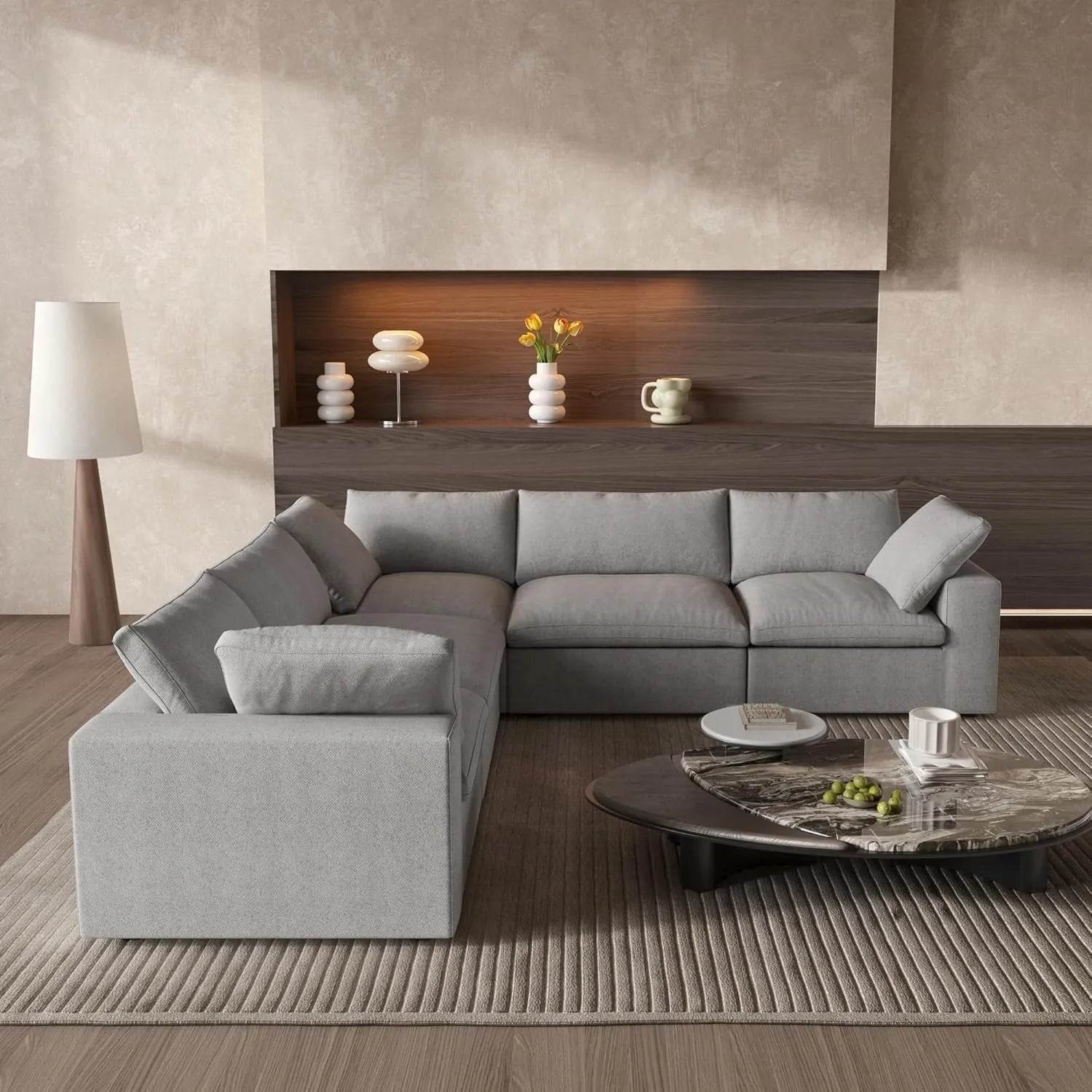 Sofá modular Deluxe Cloud de 5 plazas, color gris claro, lavable, en forma de V | 5 piezas, tela de algodón y lino, diseño modular