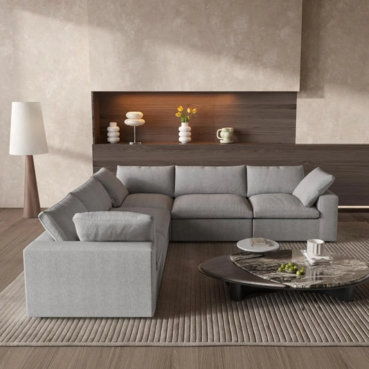 Deluxe Premium Cloud Sectional Sofas | Cotton and Linen Light Grey V-shaped Sectionals 160" Removable & Washable Covers 5-seaters