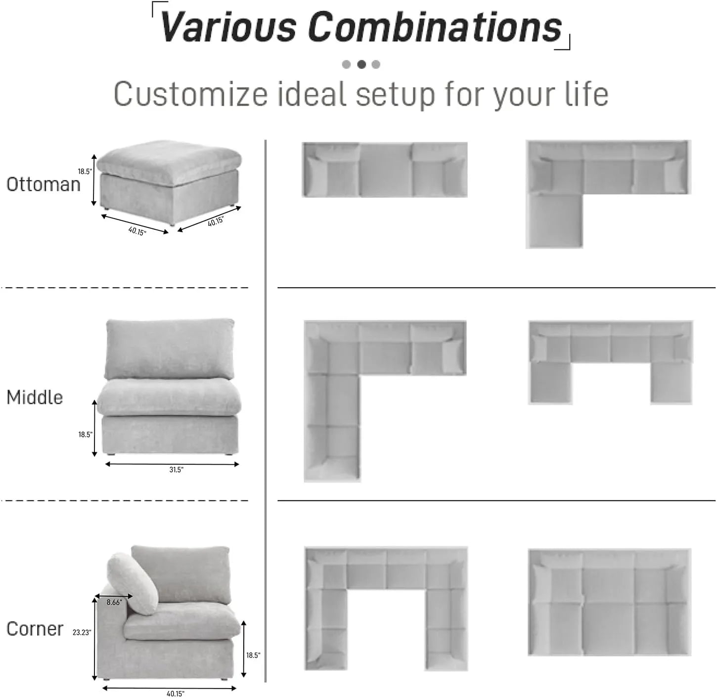 Deluxe Premium Cloud Sectional Sofas | Cotton and Linen Light Grey V-shaped Sectionals 160" Removable & Washable Covers 5-seaters