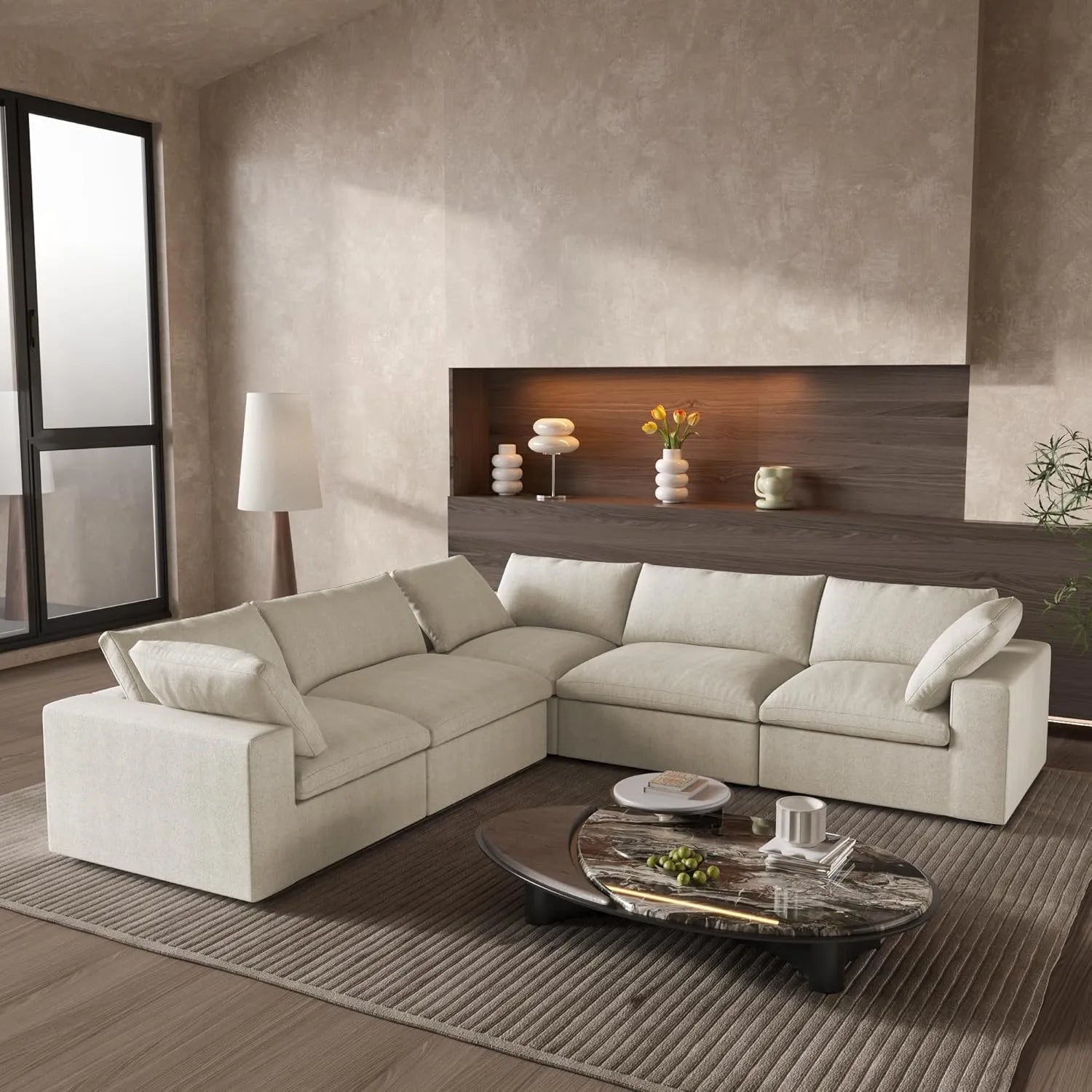 Sofá modular Deluxe Cloud de 5 plazas, color caqui, lavable, en forma de V | 5 piezas, tela de algodón y lino, diseño modular