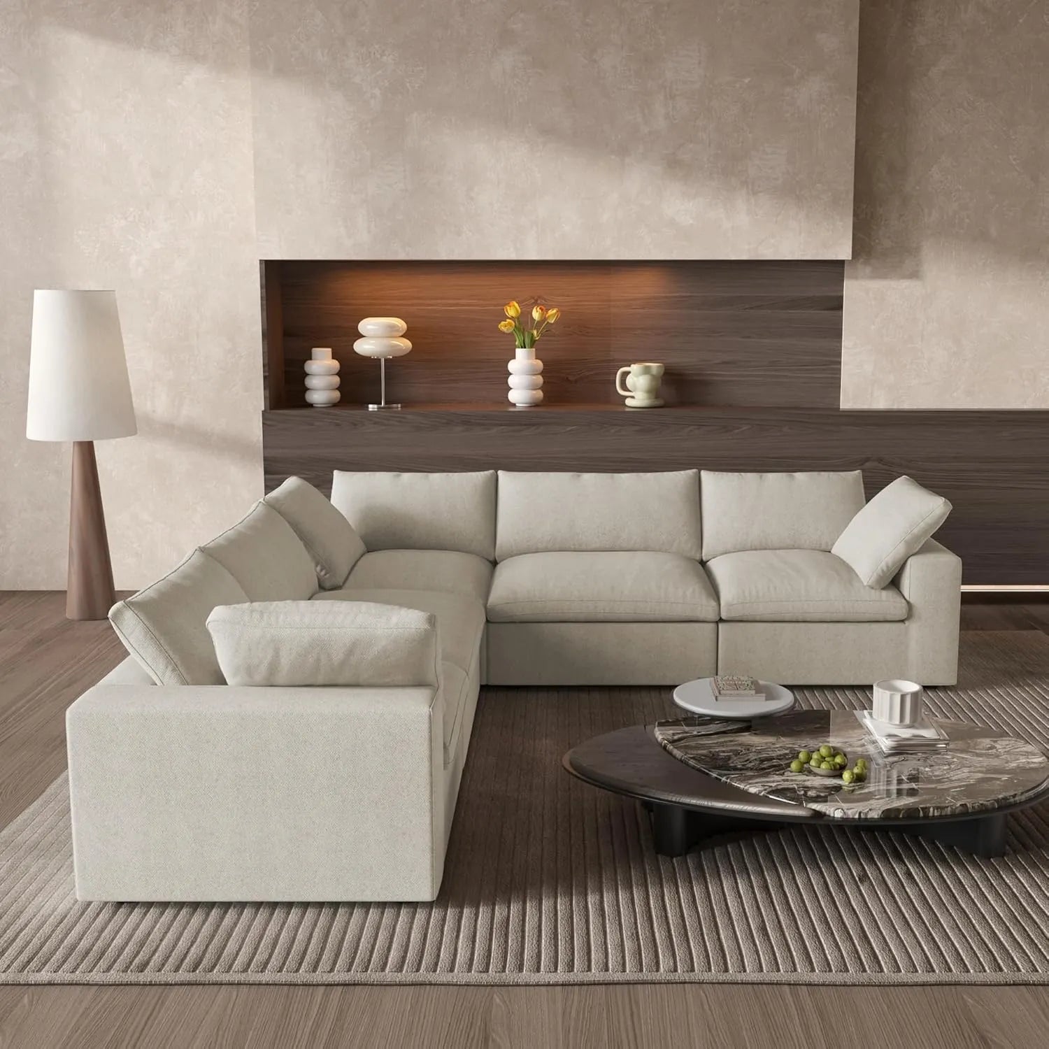Sofá modular Deluxe Cloud de 5 plazas, color caqui, lavable, en forma de V | 5 piezas, tela de algodón y lino, diseño modular