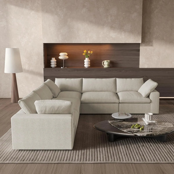 Deluxe Premium Cloud Sectional Sofas | 5-Piece Cotton and Linen Khaki V-shaped Sectionals 120" Removable & Washable Covers 5-seater