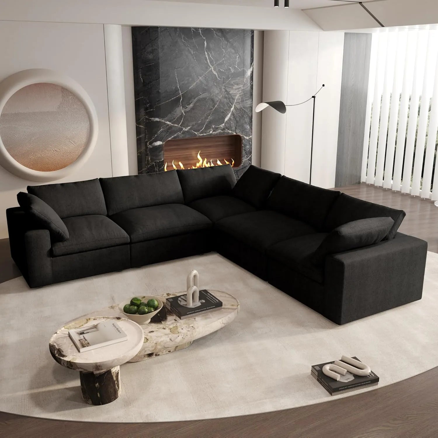 Sofá modular Deluxe Cloud de 5 plazas, color negro, lavable, en forma de V | 5 piezas, tela de algodón y lino, diseño modular