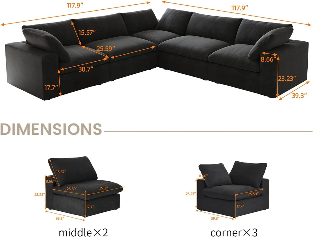 Deluxe Premium Cloud Sectional Sofas | Cotton and Linen Black V-shaped Sectionals 120" Removable & Washable Covers 5-seaters