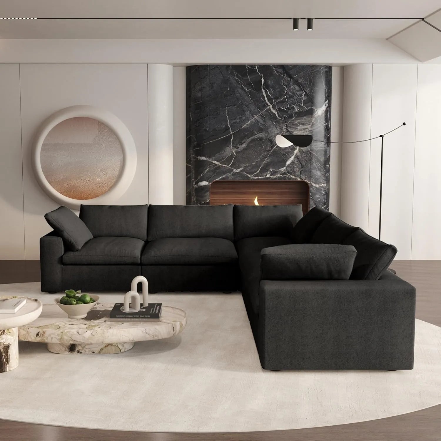 Sofá modular Deluxe Cloud de 5 plazas, color negro, lavable, en forma de V | 5 piezas, tela de algodón y lino, diseño modular
