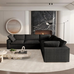 Deluxe Premium Cloud Sectional Sofas | Cotton and Linen Black V-shaped Sectionals 120" Removable & Washable Covers 5-seaters