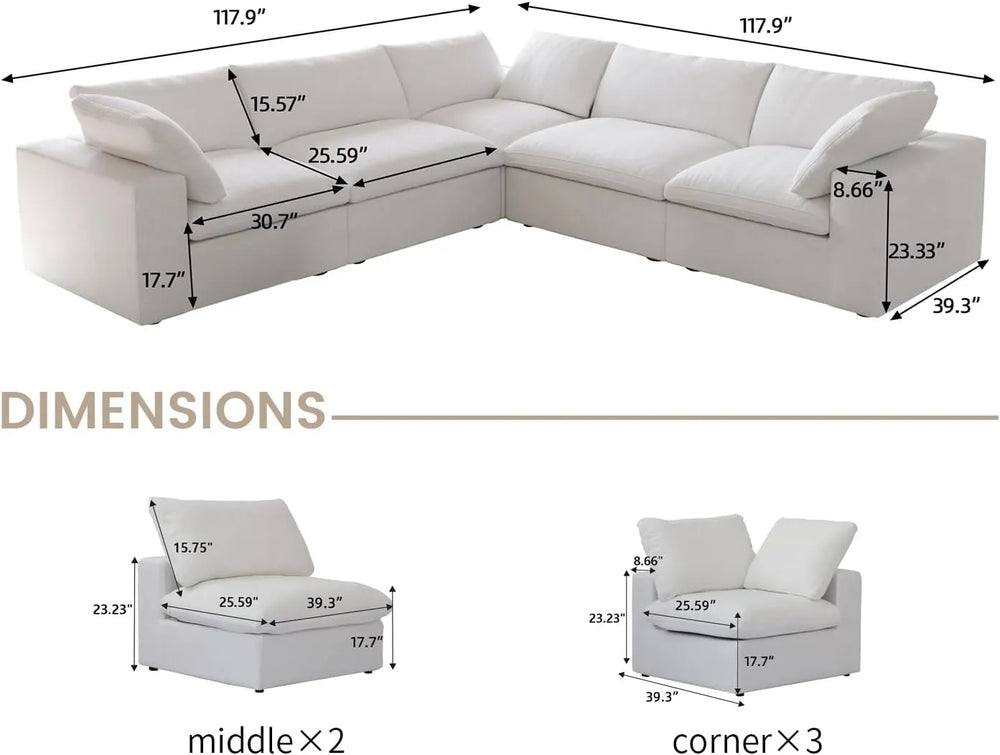 Deluxe Premium Cloud Sectional Sofas | 5-Piece Cotton and Linen White V-shaped Sectionals 160" Storage Ottoman 5-seaters