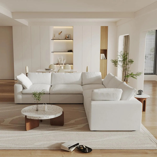 Deluxe Premium Cloud Sectional Sofas | 5-Piece Cotton and Linen White V-shaped Sectionals 160" Storage Ottoman 5-seater