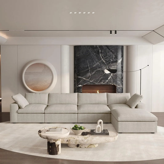 Deluxe Premium Cloud Sectional Sofas | Cotton and Linen Khaki L-Shaped Sectionals 160" Removable & Washable Covers 4-seaters