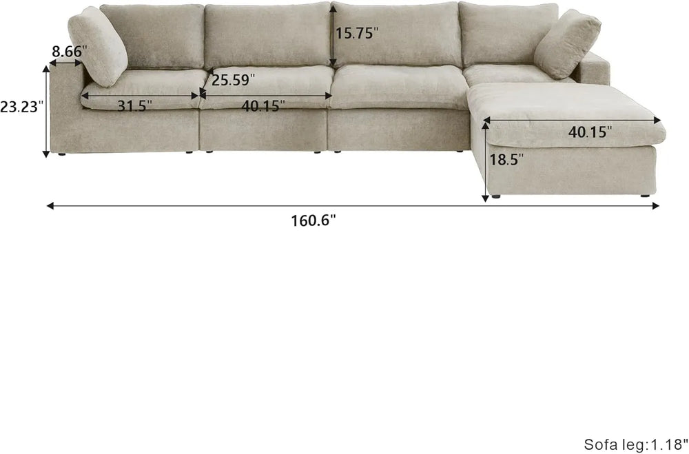 Deluxe Premium Cloud Sectional Sofas | Cotton and Linen Khaki L-Shaped Sectionals 160" Removable & Washable Covers 4-seaters