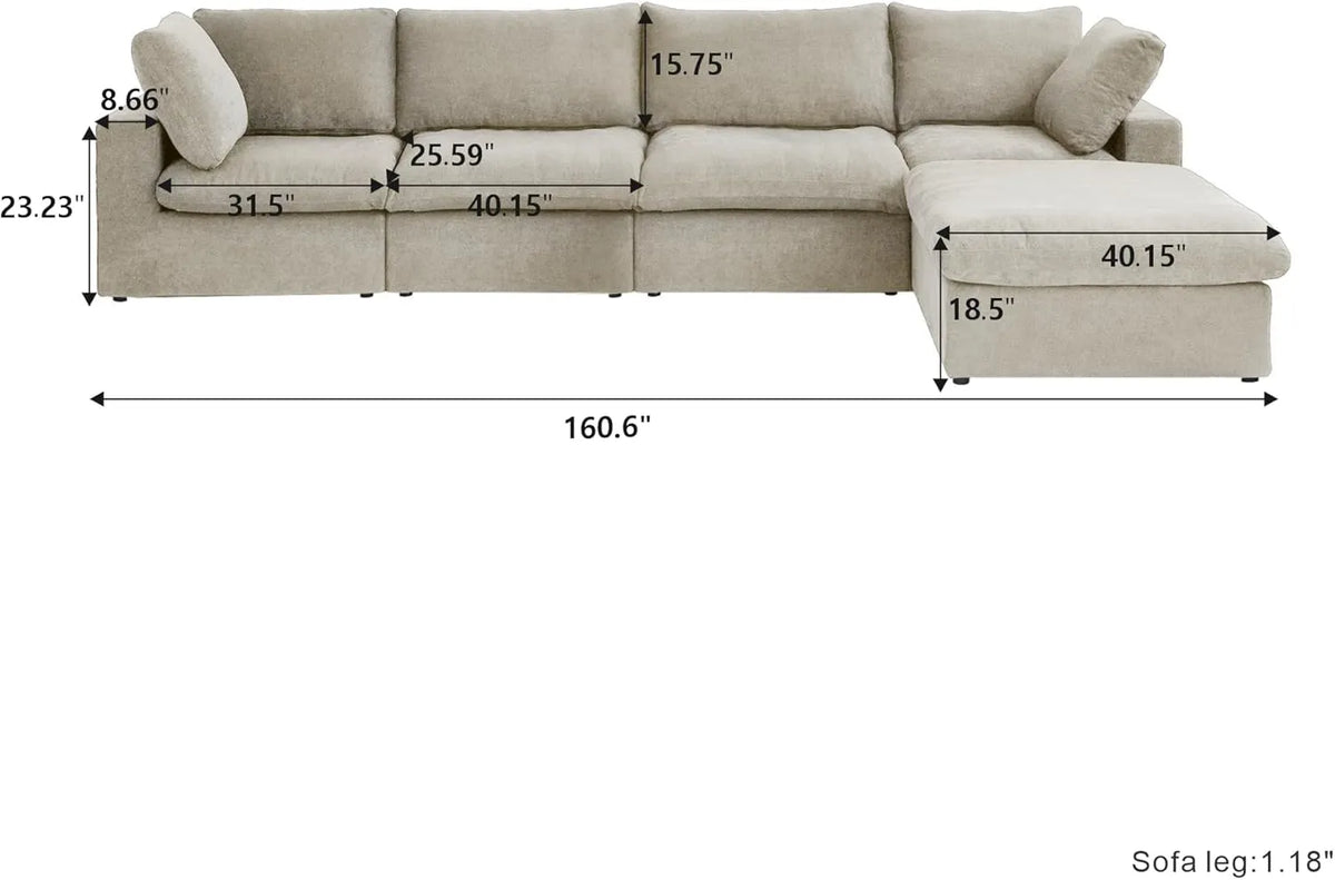Deluxe Cloud 4-Seater Khaki Storage L-Shaped Sectional | 5-Piece (includes 1 Ottoman), Cotton and Linen Fabric, Washable Covers