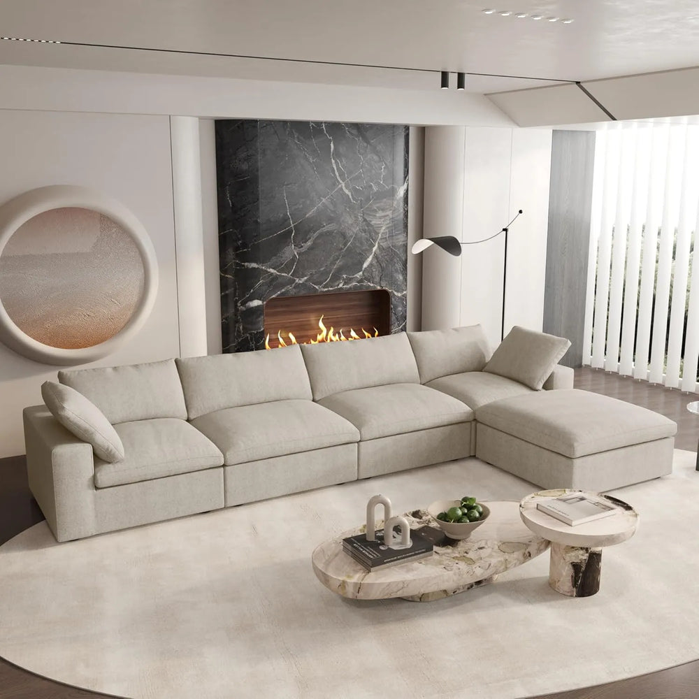 Deluxe Premium Cloud Sectional Sofas | Cotton and Linen Khaki L-Shaped Sectionals 160" Removable & Washable Covers 4-seaters