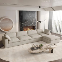 Deluxe Premium Cloud Sectional Sofas | Cotton and Linen Khaki L-Shaped Sectionals 160" Removable & Washable Covers 4-seaters