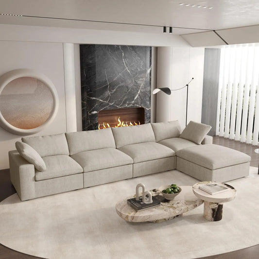 Deluxe Premium Cloud Sectional Sofas | Cotton and Linen Khaki L-Shaped Sectionals 160" Removable & Washable Covers 4-seaters