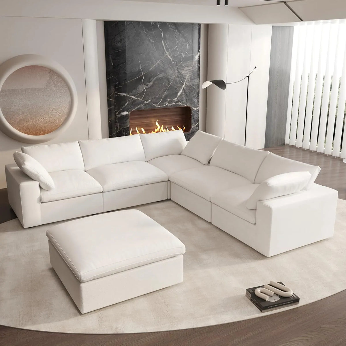 Deluxe Cloud 5-Seater White Storage Sofa Set | 6-Piece (includes 1 Ottoman), Cotton and Linen Fabric, Washable Covers