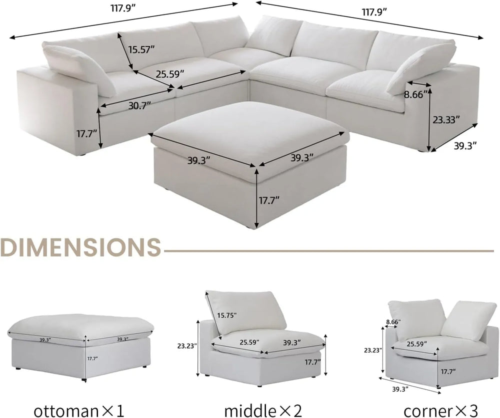 Deluxe Premium Cloud Sectional Sofas | Cotton and Linen White V-shaped Sectionals 160" Removable & Washable Covers 5-seaters