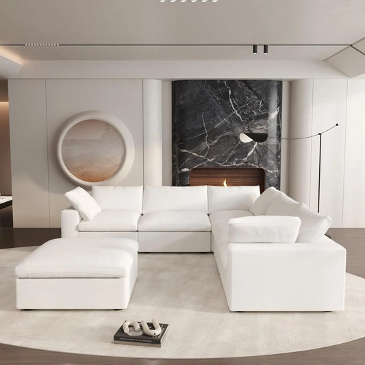 Deluxe Premium Cloud Sectional Sofas | Cotton and Linen White V-shaped Sectionals 160" Removable & Washable Covers 5-seaters