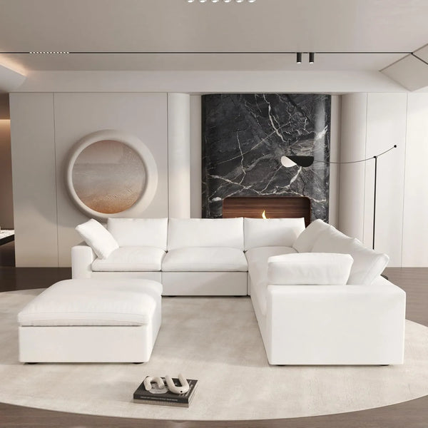 Deluxe Premium Cloud Sectional Sofas | 6-Piece Cotton and Linen White V-shaped Sectionals 160" Removable & Washable Covers 5-seater