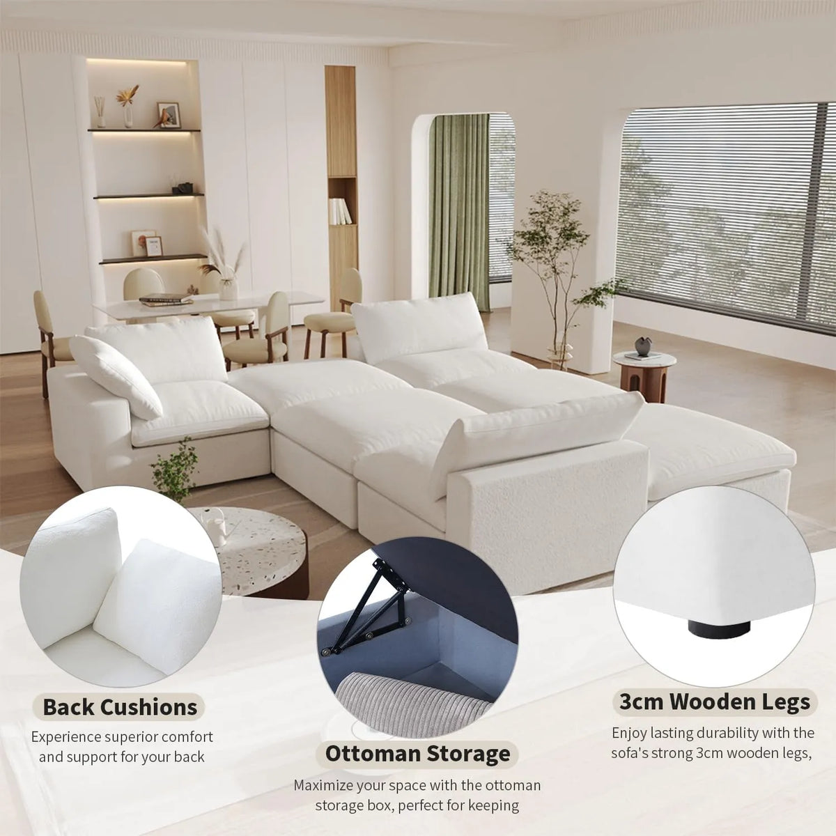 Deluxe Cloud 5-Seater White Storage Sofa Set | 6-Piece (includes 1 Ottoman), Cotton and Linen Fabric, Washable Covers