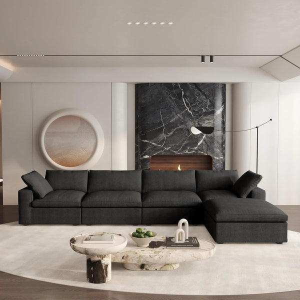 Sofás seccionales Deluxe Premium Cloud | Seccionales negros en forma de L de 5 piezas de algodón y lino, 4 plazas, 160" de confort similar a una nube