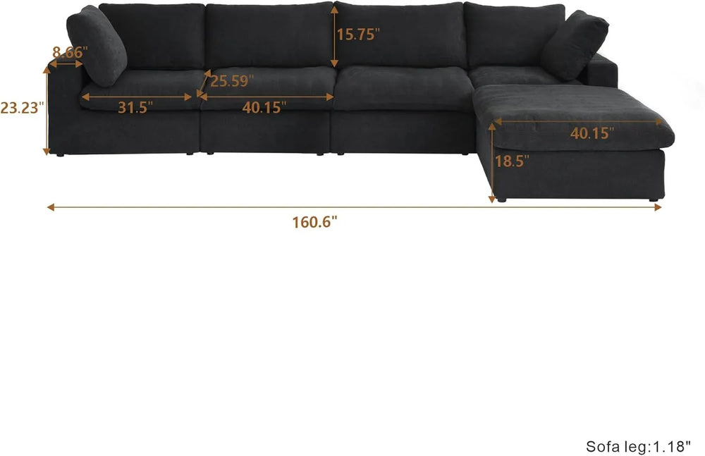 Deluxe Premium Cloud Sectional Sofas | Cotton and Linen Black L-Shaped Sectionals 160" Cloud-Like Comfort 4-seaters