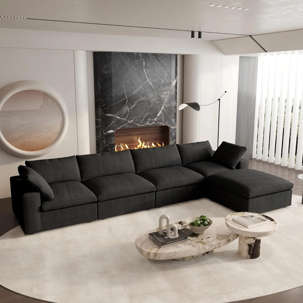 Deluxe Premium Cloud Sectional Sofas | Cotton and Linen Black L-Shaped Sectionals 160" Cloud-Like Comfort 4-seaters