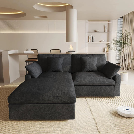 Deluxe Slope Cloud Sectional Sofas | Black Linen Loveseats 2-seaters with 1 Ottoman