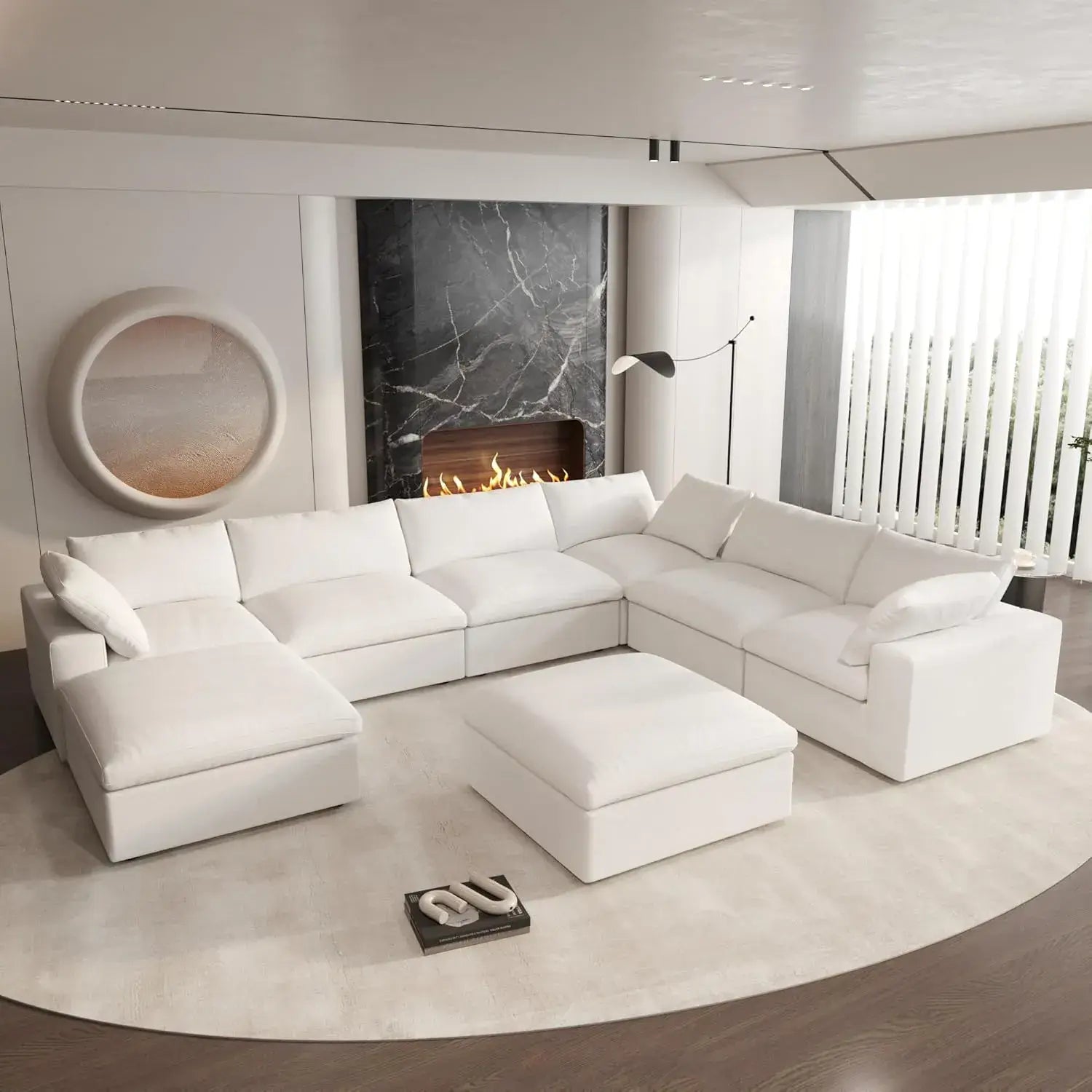 Deluxe Cloud 6-Seater White Storage Sofa Set | 8-Piece (includes 2 Ottomans), Cotton and Linen Fabric, Washable Covers