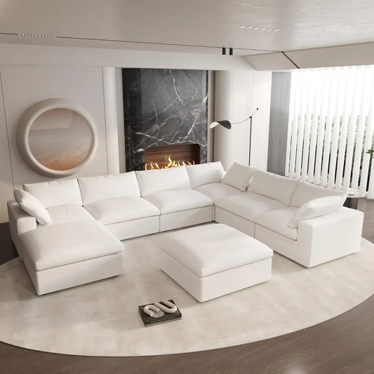 Deluxe Premium Cloud Sectional Sofas | Cotton and Linen White Sofa Sets 160" Flexible Armrest Pillows 6-seaters