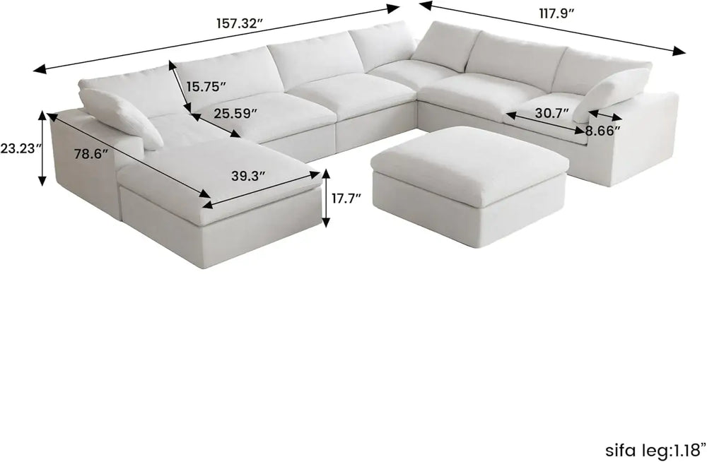 Deluxe Premium Cloud Sectional Sofas | Cotton and Linen White Sofa Sets 160" Flexible Armrest Pillows 6-seaters