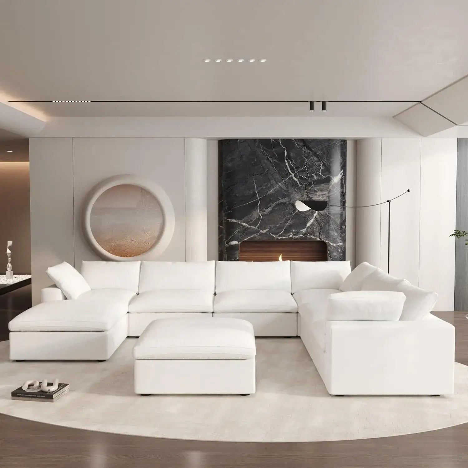 Deluxe Cloud 6-Seater White Storage Sofa Set | 8-Piece (includes 2 Ottomans), Cotton and Linen Fabric, Washable Covers