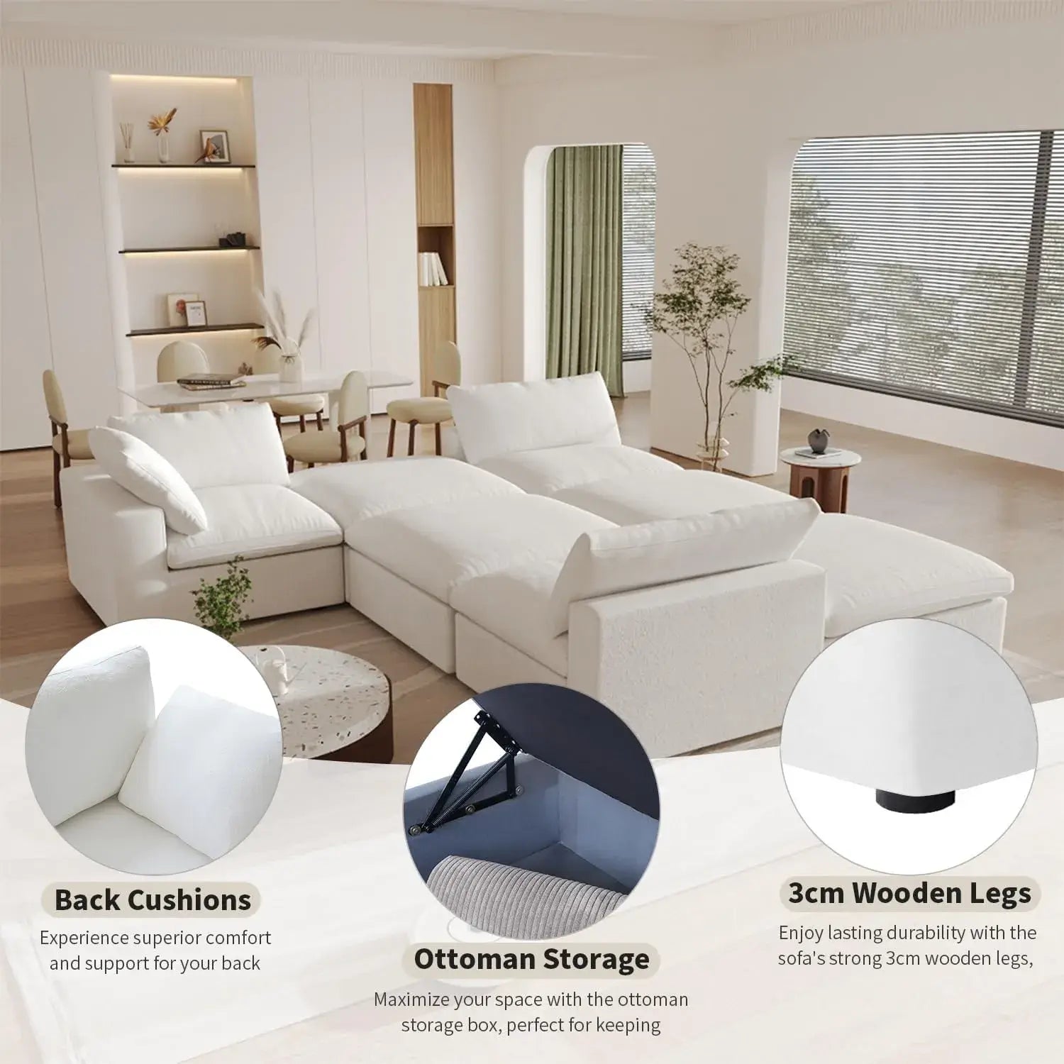 Deluxe Cloud 6-Seater White Storage Sofa Set | 8-Piece (includes 2 Ottomans), Cotton and Linen Fabric, Washable Covers